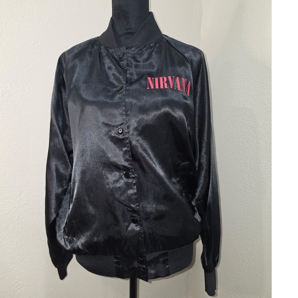 Nirvana Black Satin Bomber Jacket Floral Heart Graphic Band Merch Medium